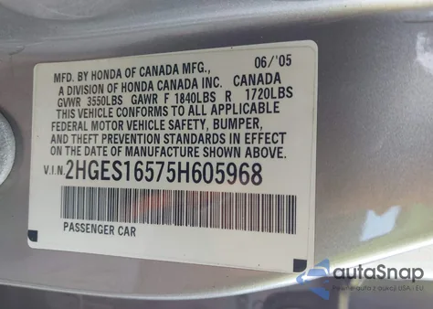 2005 Honda Civic Lx из США, поврежденный, VIN 2HGES16575H605968